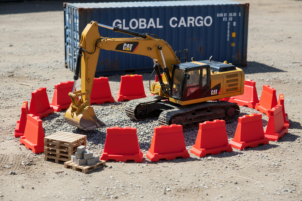 1/8 Scale RC Construction Site with Red Barriers, Pallets and Shipping Container